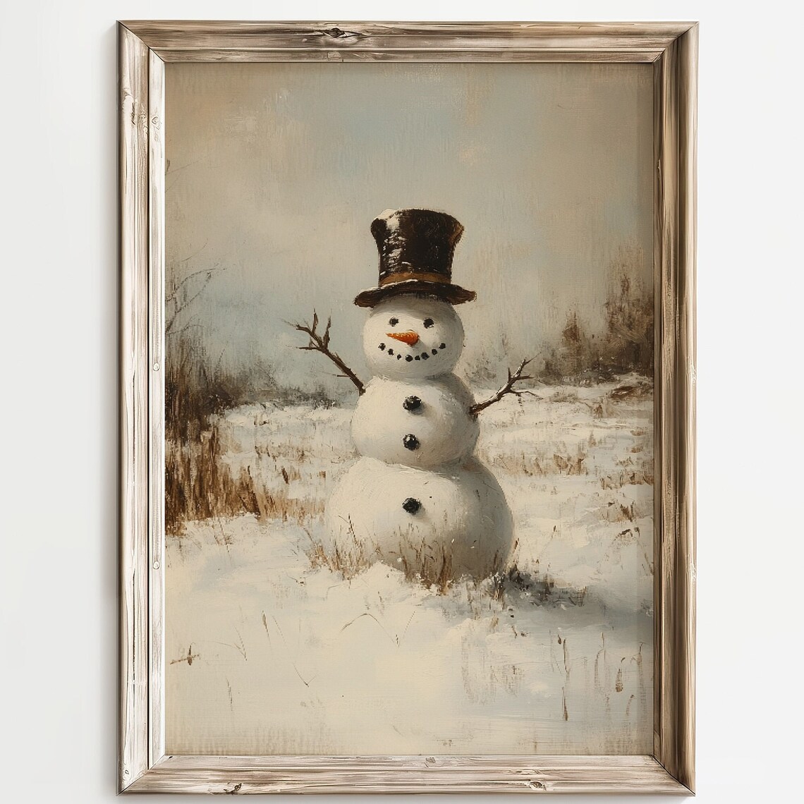 Vintage Snowman Winter Landscape, Rustic Art Print