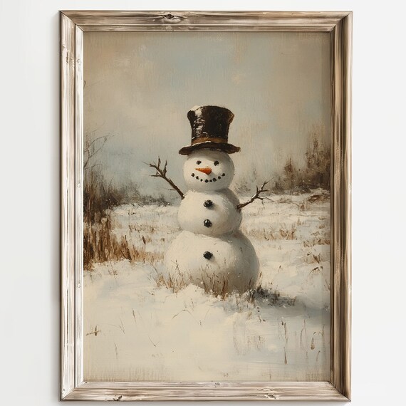 Vintage Snowman Winter Landscape, Rustic Art Print