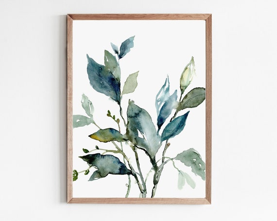 Blue Leaves Art Print Botanical Watercolor Painting Large Poster Abstract Floral Wall Modern Home Decor Turquoise Green Artwork
