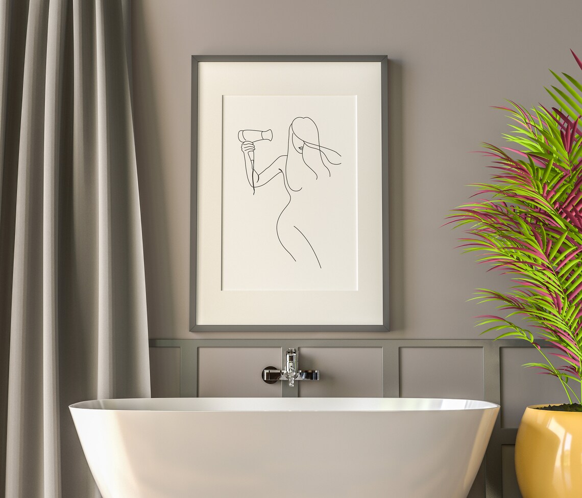 Woman Blow Drying Hair One Line Art Minimalist Bathroom Beauty Poster - Image 2