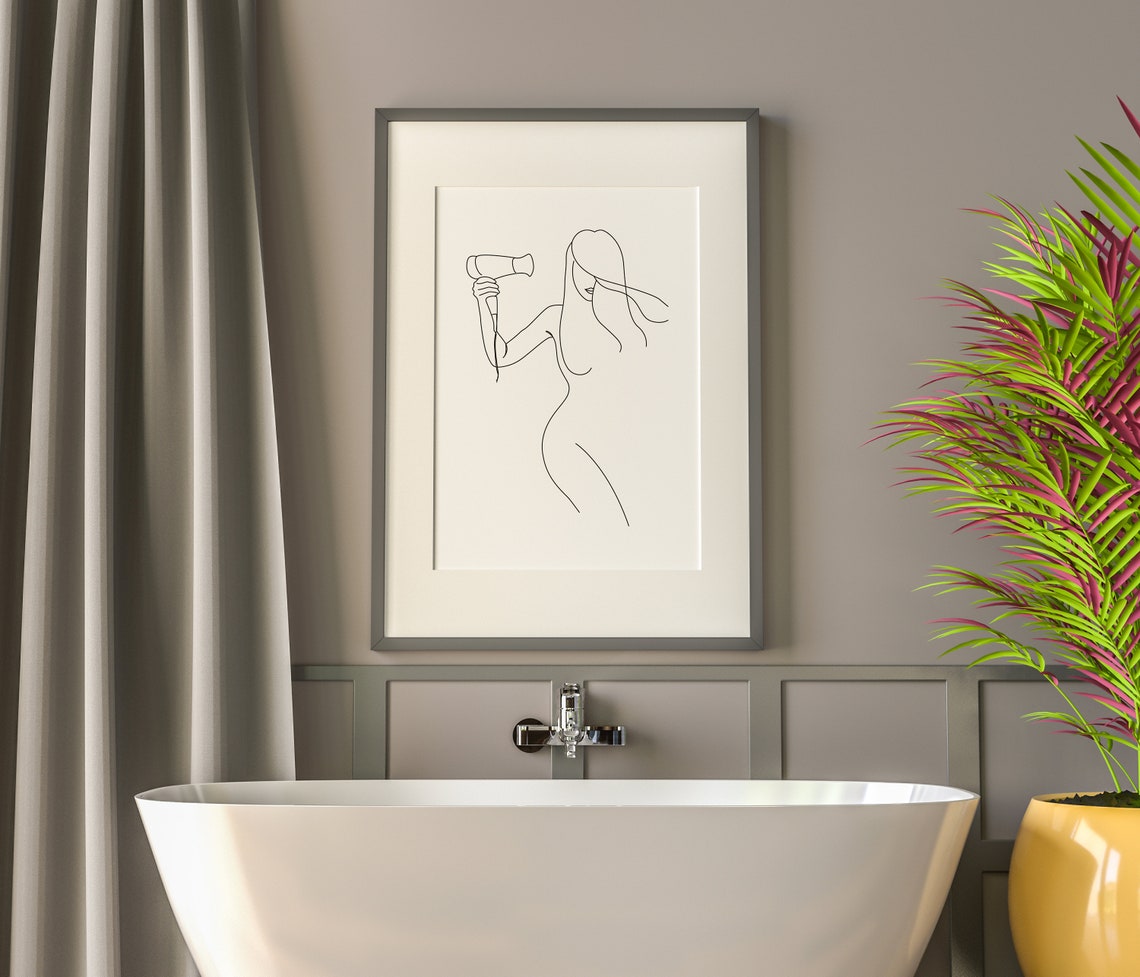 Woman Drying Hair Body Line Art Minimalist Bathroom Drawings Dressing Room - Image 2