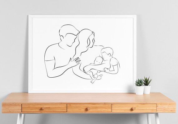Family of Four Line Art Dad Mom Son Newborn Baby Minimalist Poster
