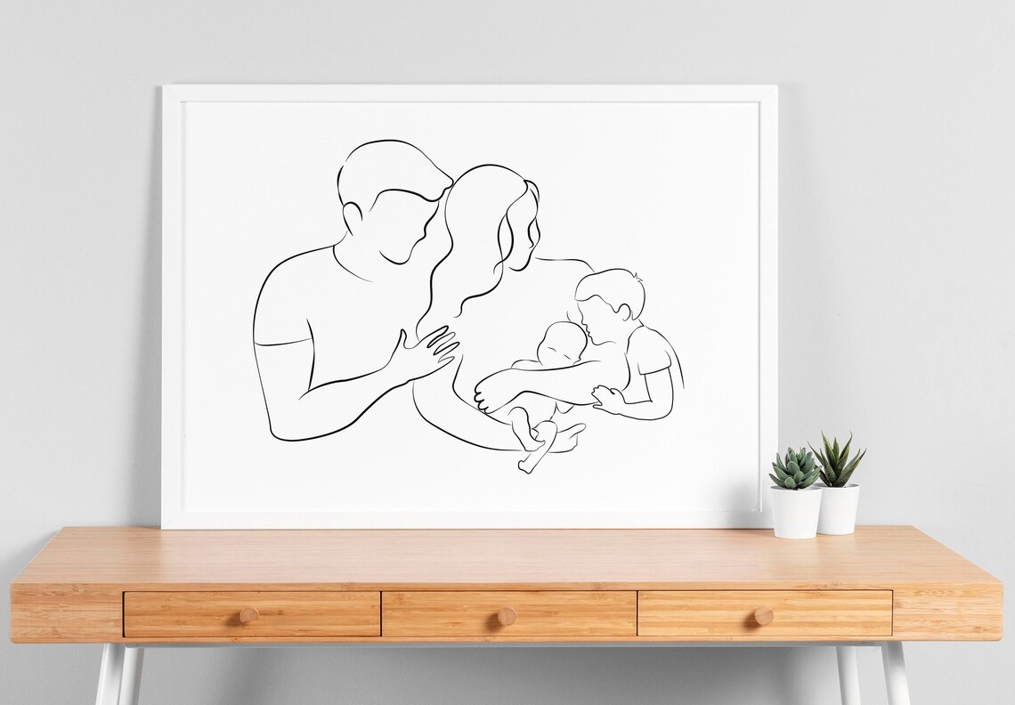Family of Four Line Art Dad Mom Son Newborn Baby Minimalist Poster