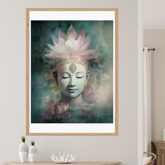 Divine Feminine Face With Ethereal Lotus Crown Misty Teal Wall Art