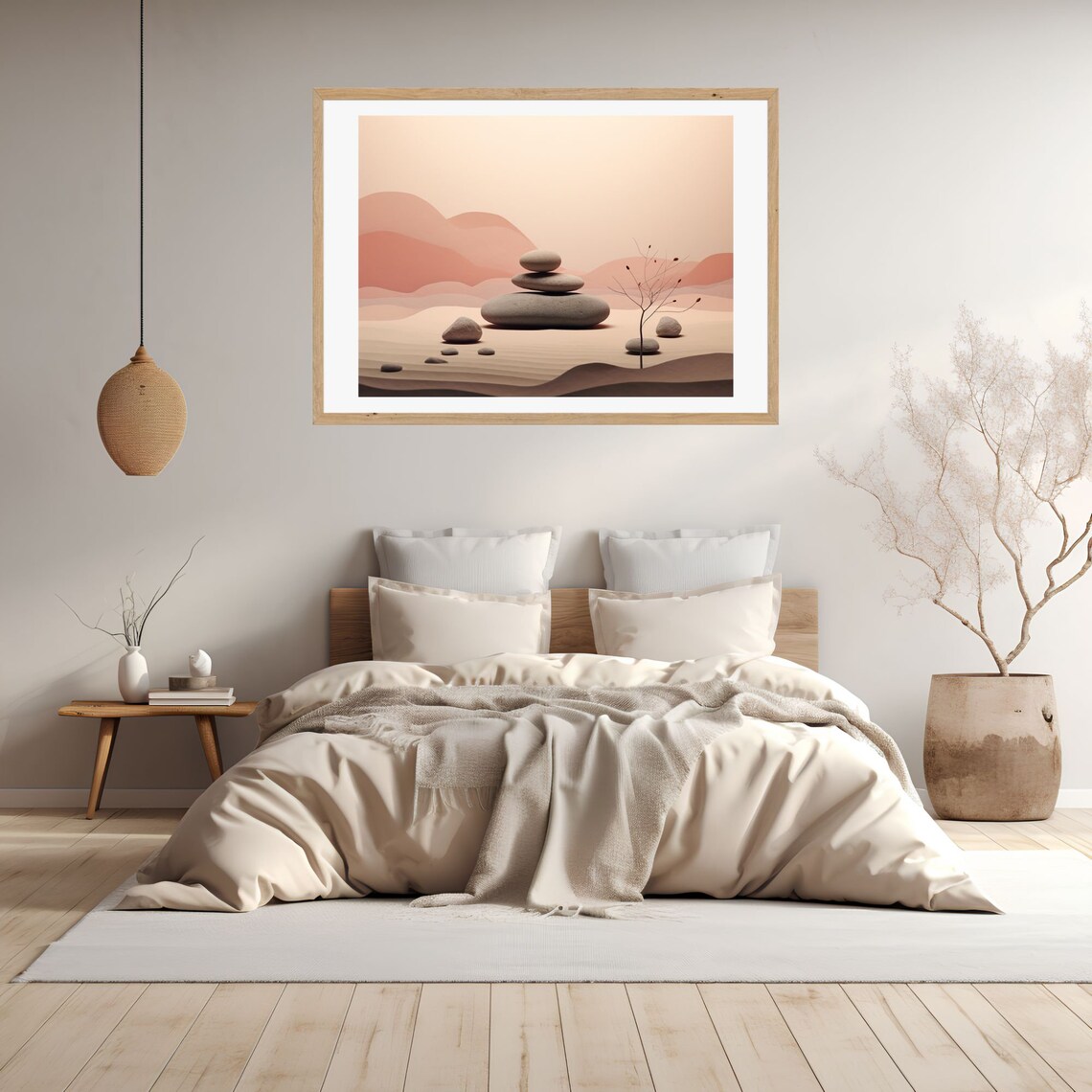 Zen Stone Cairn Balance Art in a Soft Peach Desert Scene Poster - Image 2