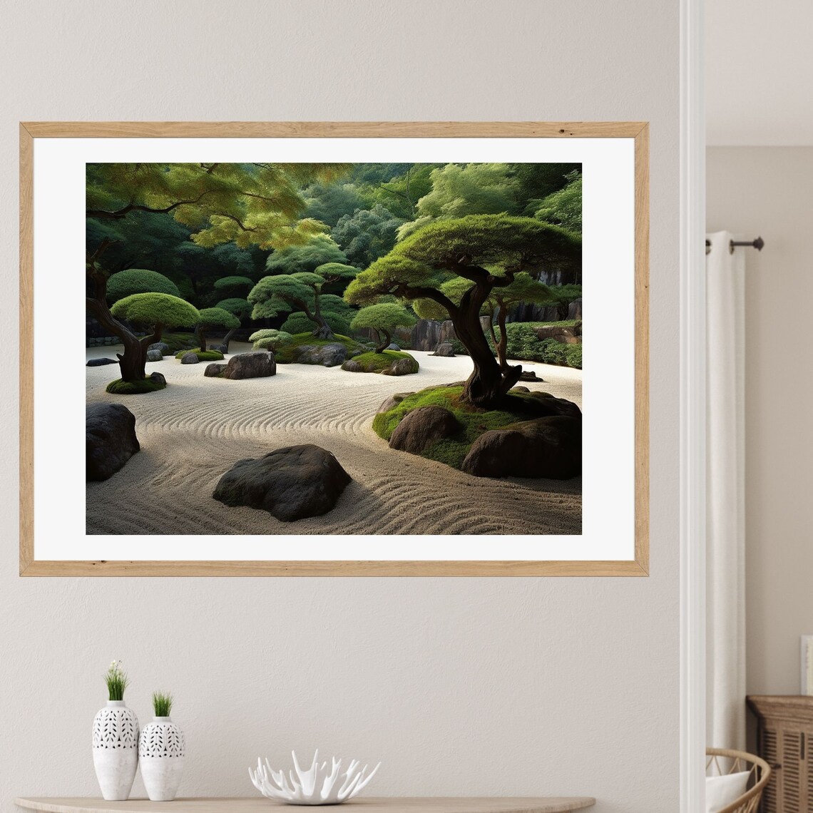 Japanese Zen Rock Garden Raked Sand Bonsai Pines Calm Poster - Image 2