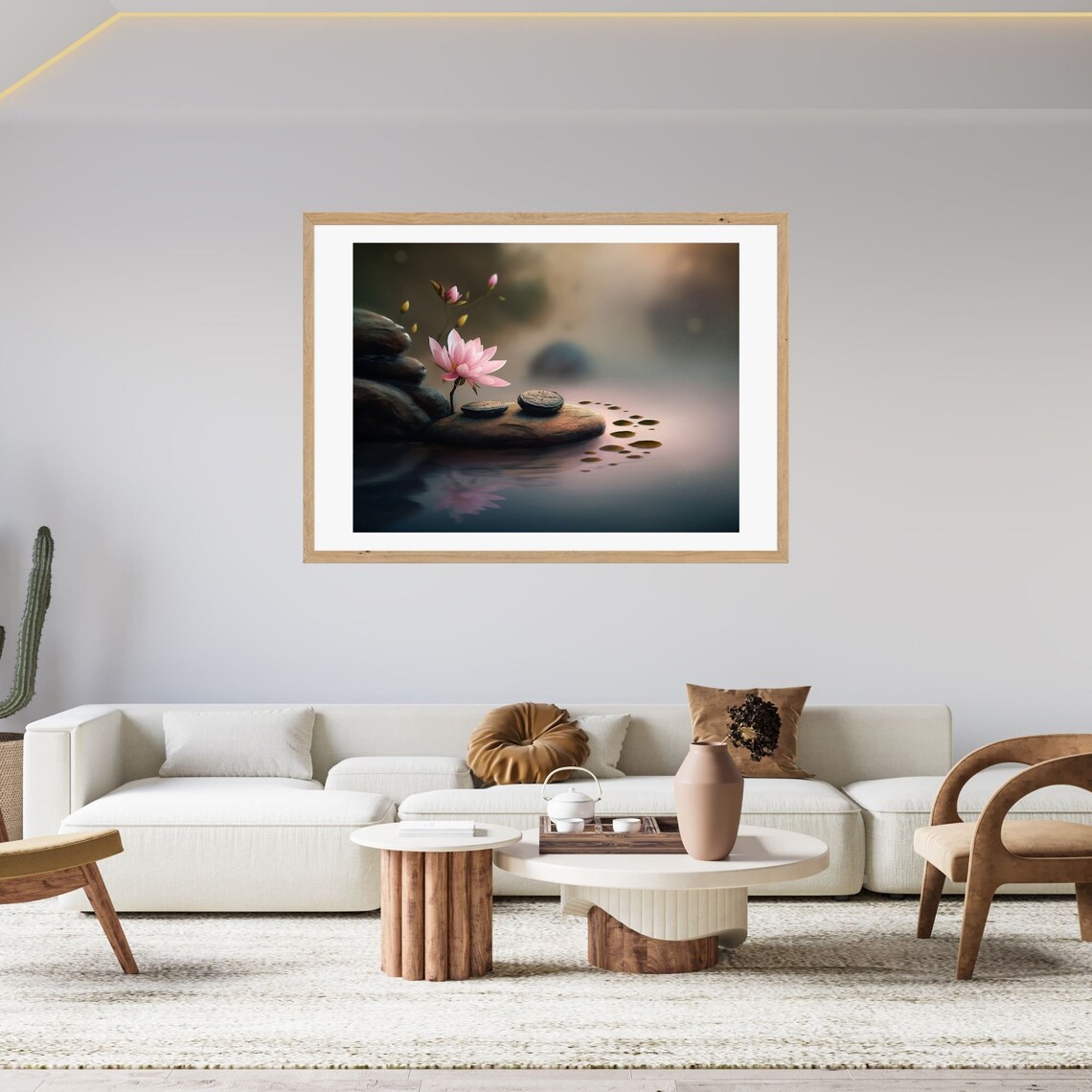 Pink Lotus on Water Beside Zen Stones Misty Meditation Wall Art - Image 2
