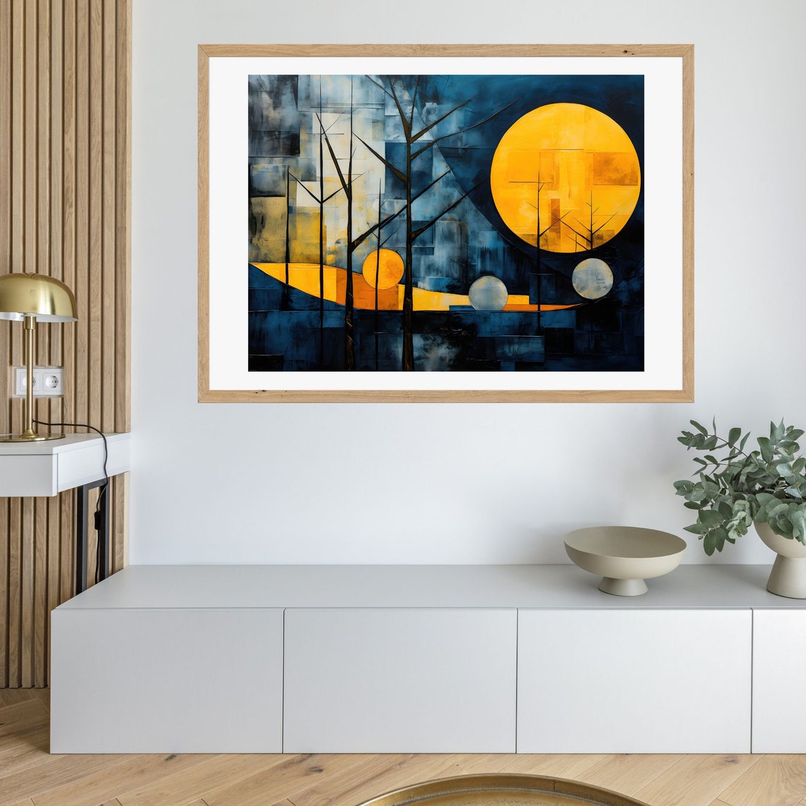 Abstract Geometric Night Forest With Bold Golden Sun Modern Wall Art - Image 3