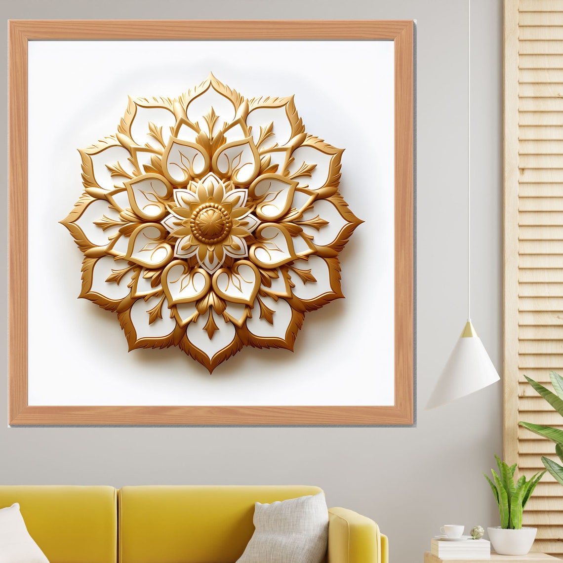 3D Golden Mandala with Carved Floral Relief on a White Poster