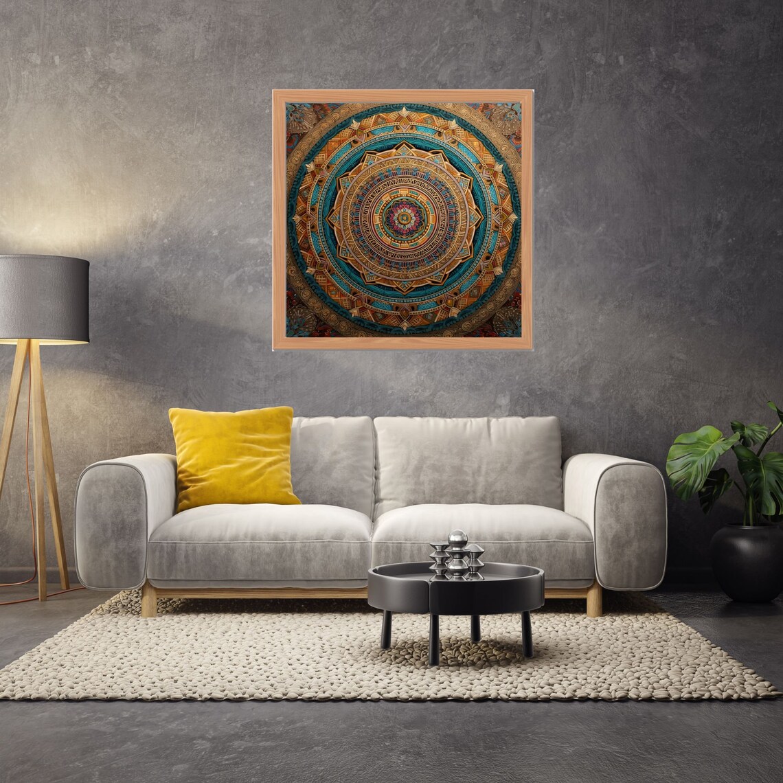Ornate Circular Mandala in Teal Gold and Crimson Tones Poster - Image 2