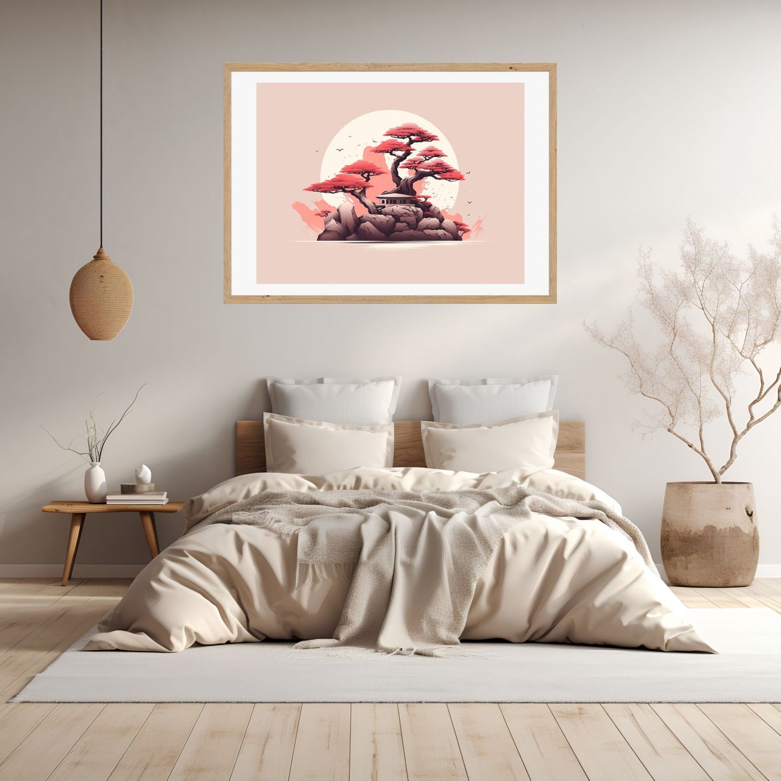 Japanese Red Bonsai Tree on Rocky Island Under Full Moon Poster - Image 3