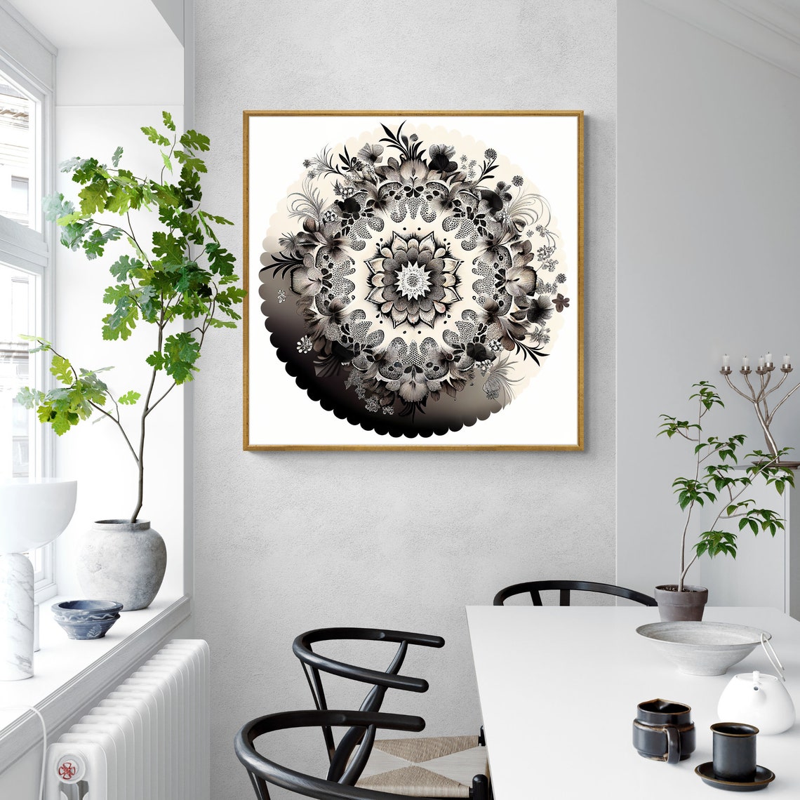 Black and White Botanical Mandala with a Scalloped Edge Poster - Image 3