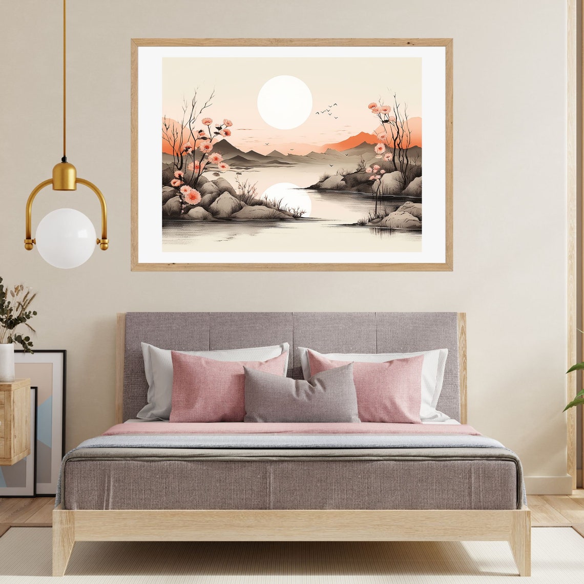 Japanese Sunrise Ink Landscape Pink Blossoms Mountains Wall Art - Image 2