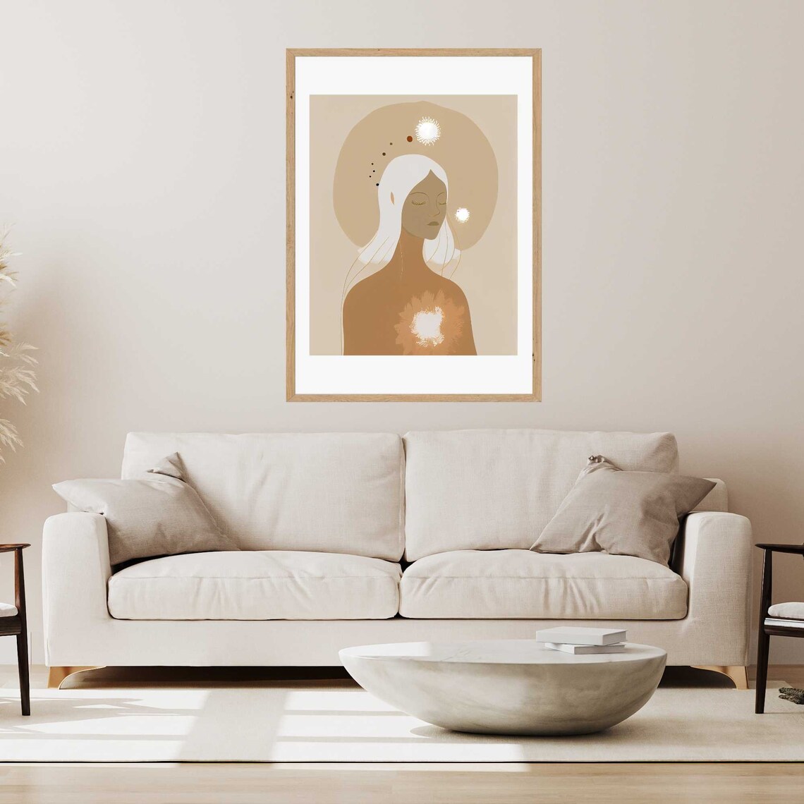 Minimalist Boho Woman Portrait in Warm Beige Tones with Sun Poster - Image 2
