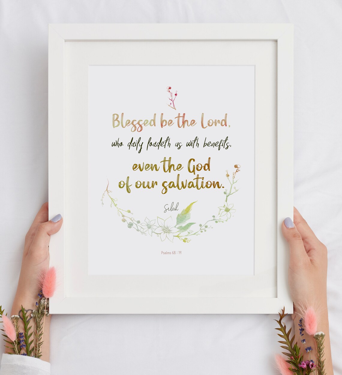 Blessed Be The Lord God Of Our Salvation Psalm 68 Floral Scripture Wall Art - Image 2