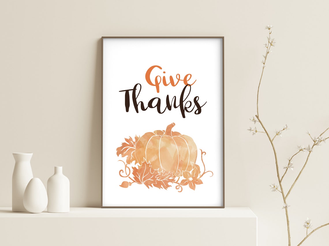 Give Thanks Pumpkin Watercolor Fall Leaves Thanksgiving Wall Art - Image 2