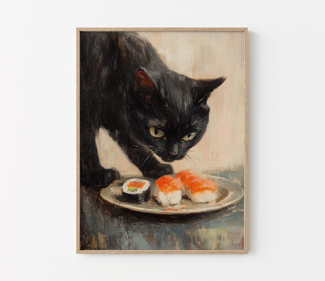 Black Cat Sushi Oil Painting Print Tokyo Art Print Oishii Cat Print Delicious Japanese Food Art Kitchen Wall Art Sushi Art Bcs3