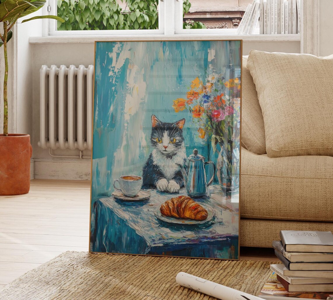 Tuxedo Cat at Blue Cafe Table with Coffee and Croissant Print - Image 4
