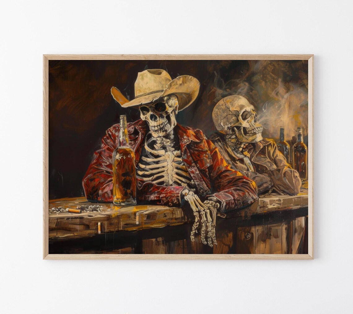 Skeleton Cowboy In A Bar Oil Painting Print