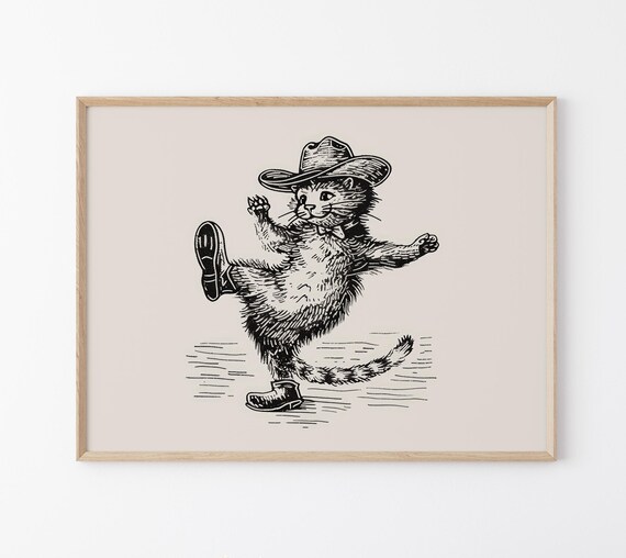 Cowboy Cat High Kick Dance Sketch Western Kitty Decor Poster