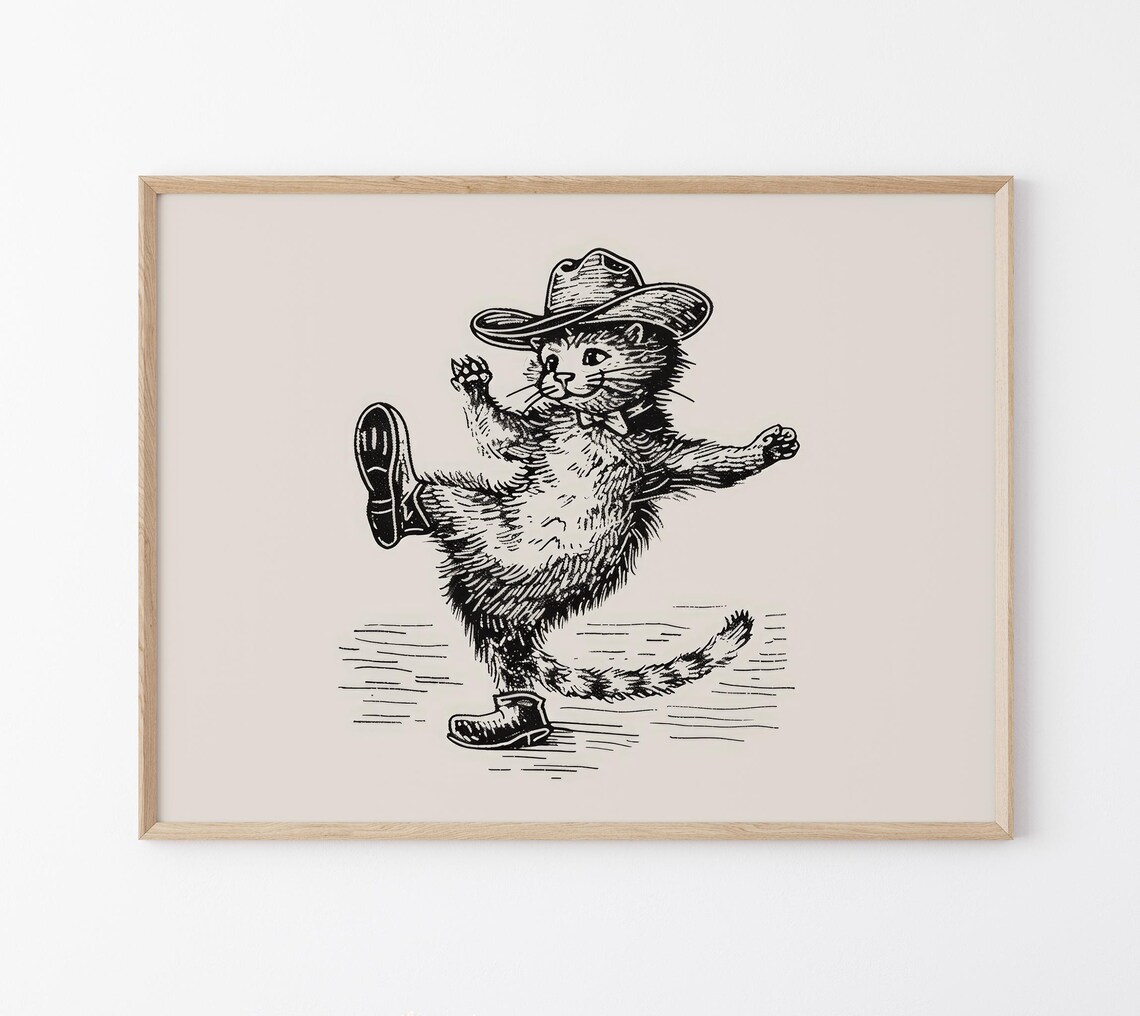 Cowboy Cat High Kick Dance Sketch Western Kitty Decor Poster