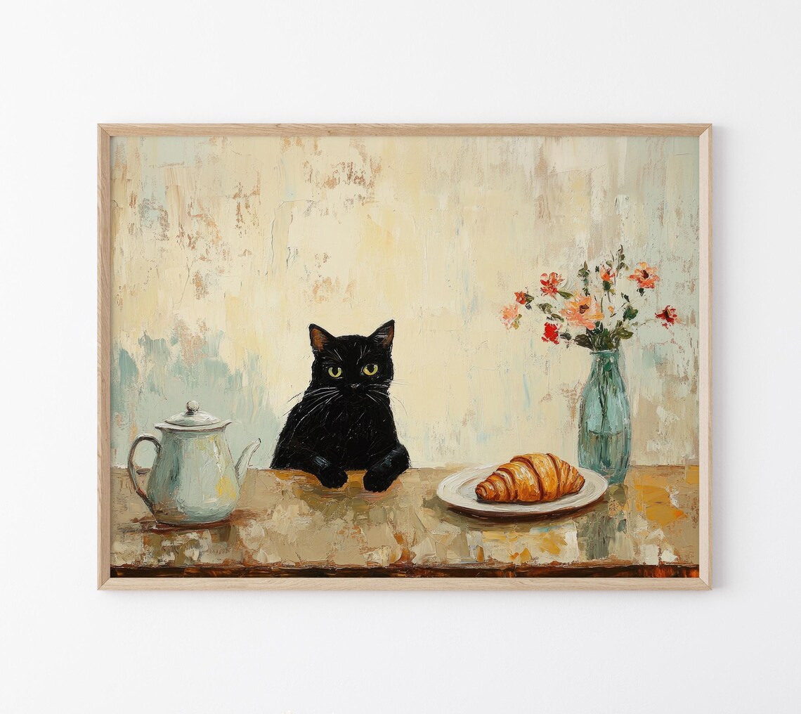 Black Cat at Rustic Wooden Table with Teapot and Croissant Print