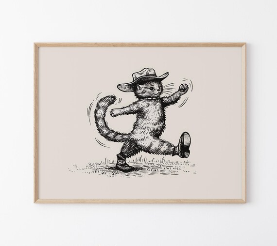 Cowboy Cat Side Profile Stride Walking Western Sketch Poster