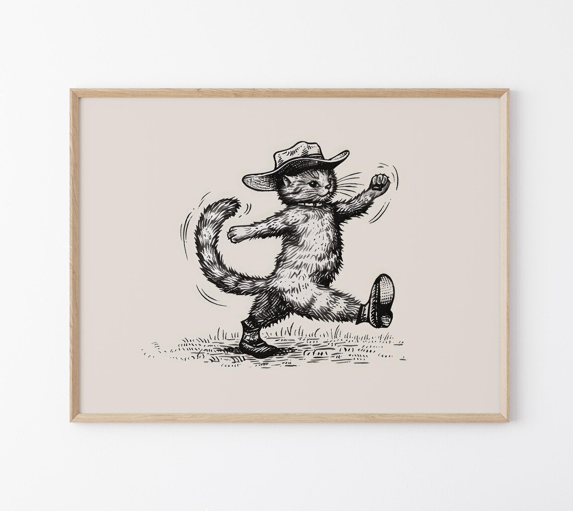 Cowboy Cat Side Profile Stride Walking Western Sketch Poster