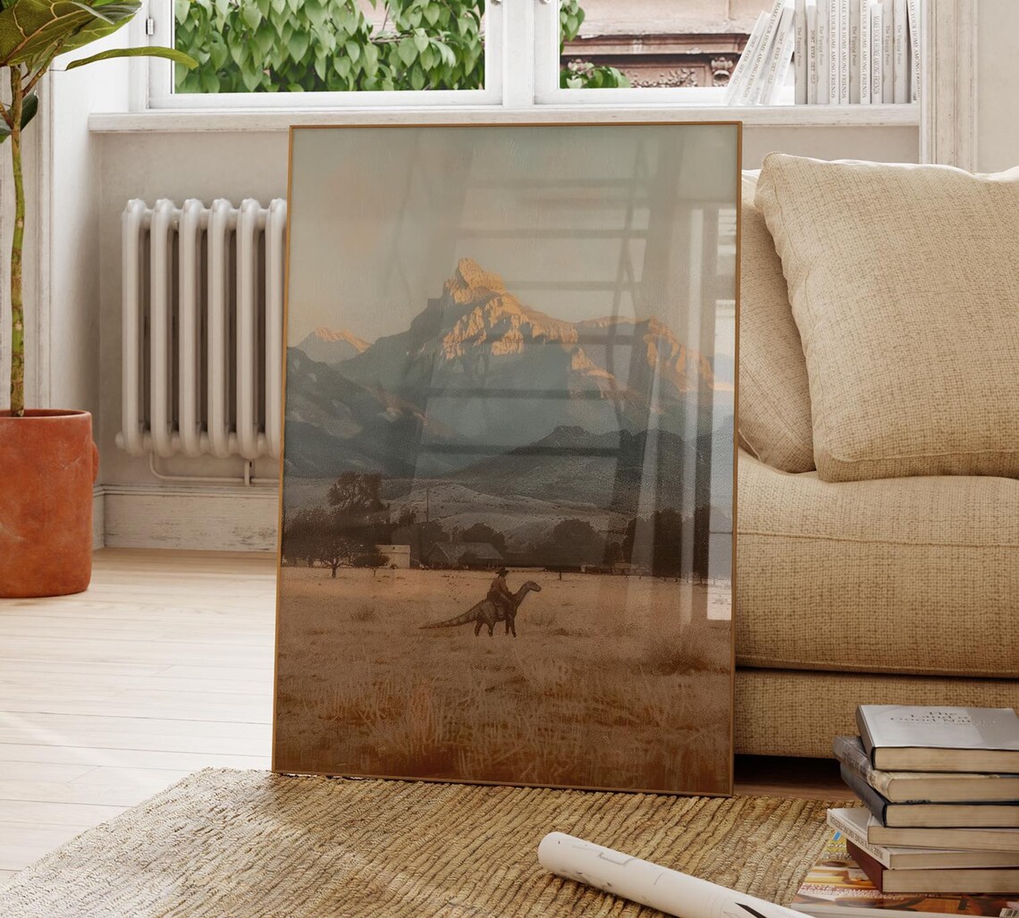 Vintage Dinosaur Cowboy Oil Painting Print - Image 4