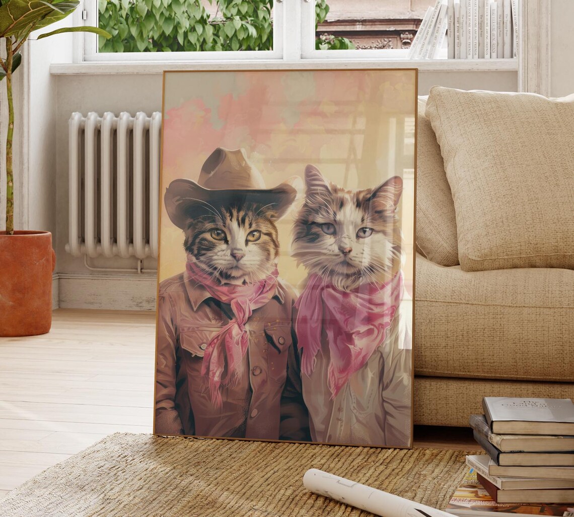 Cowboy Cats Oil Painting Poster with Tabby Pair at Golden Hour - Image 4
