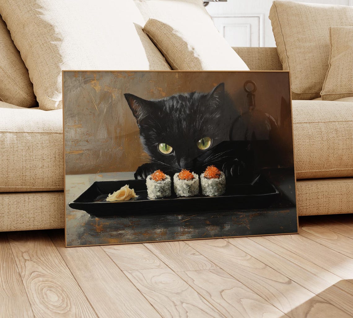 Black Cat Sushi Oil Painting Print Tokyo Art Print Oishii Cat Print Delicious Japanese Food Art Kitchen Wall Art Sushi Art Bcs6 - Image 4