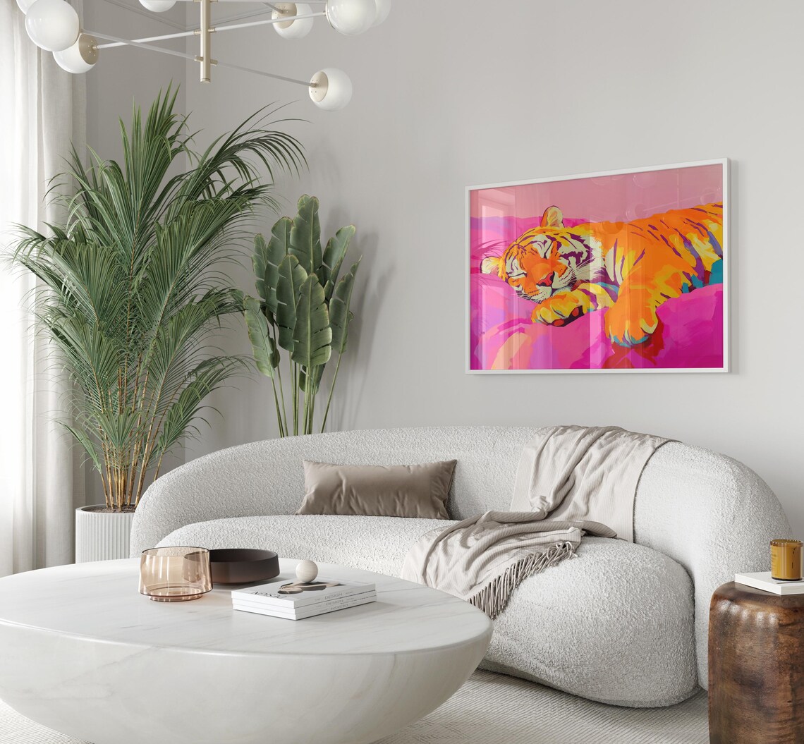 Sleeping Tiger On Pink Bed Front Paw Colorful Maximalist Poster - Image 3