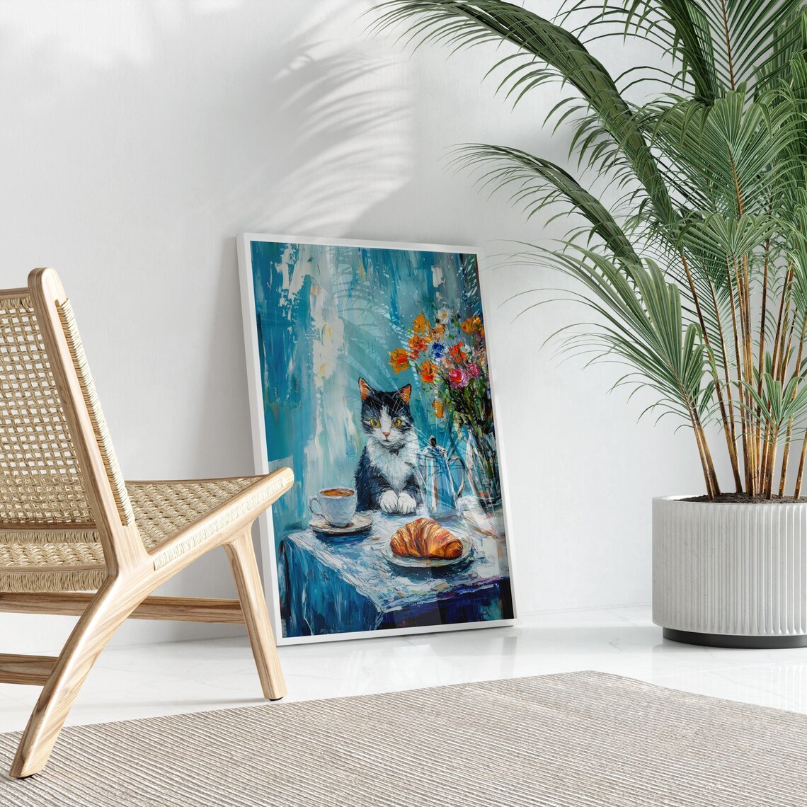 Tuxedo Cat at Blue Cafe Table with Coffee and Croissant Print - Image 3