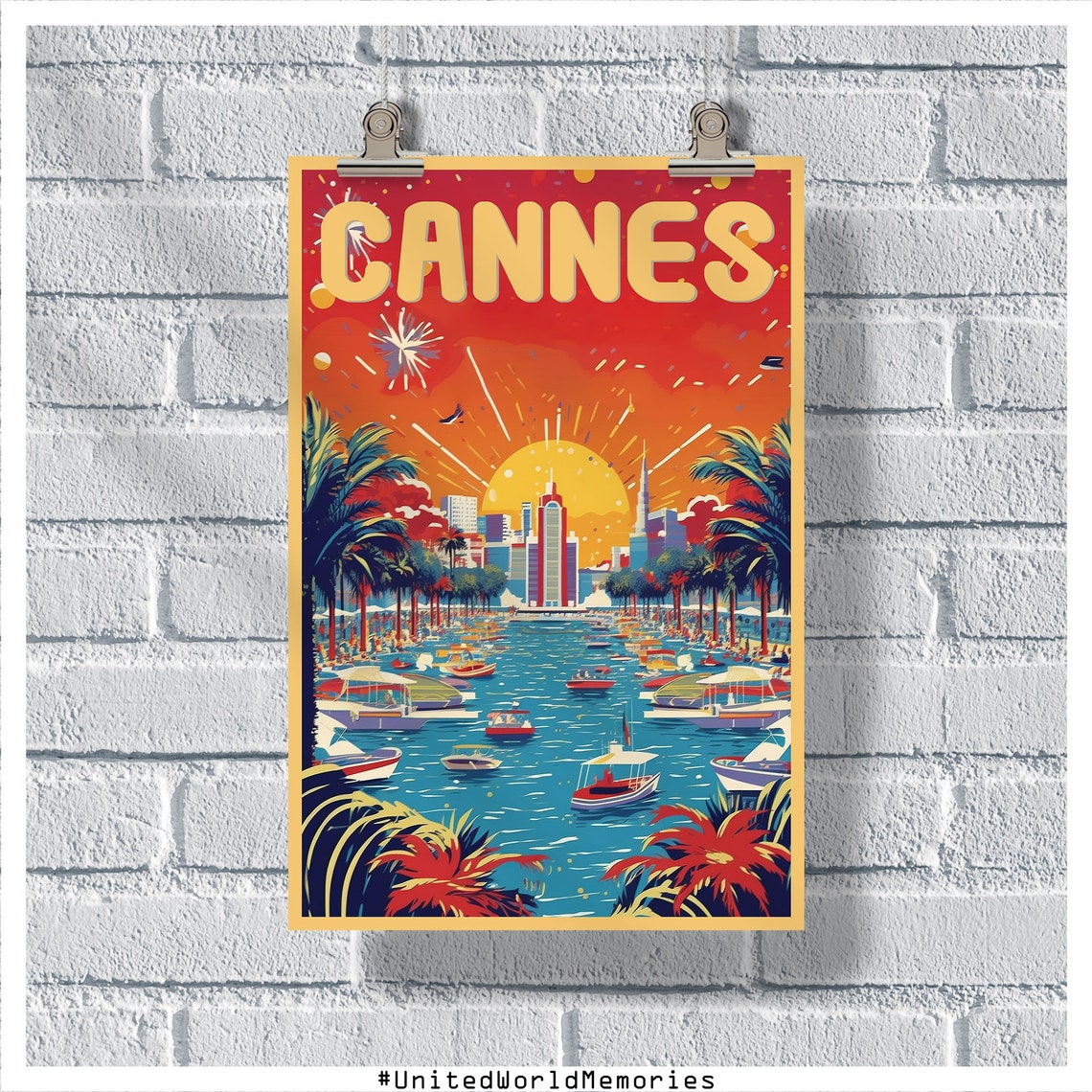 Cannes Fireworks Harbor Retro French Riviera Celebration Poster