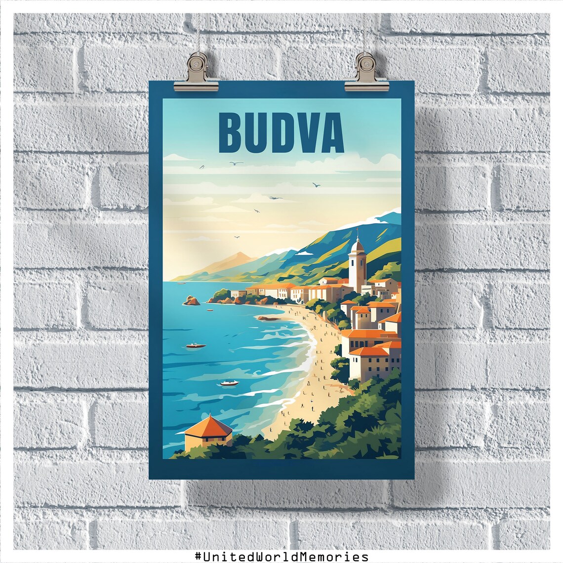 Budva Montenegro Old Town Beach Adriatic Vintage Travel Poster