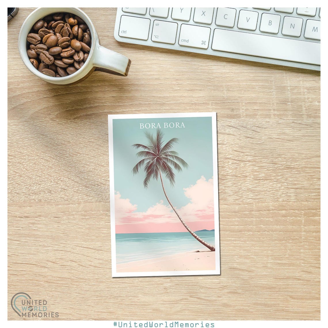 Bora Bora Leaning Palm Pastel Ocean Beach Retro Travel Poster
