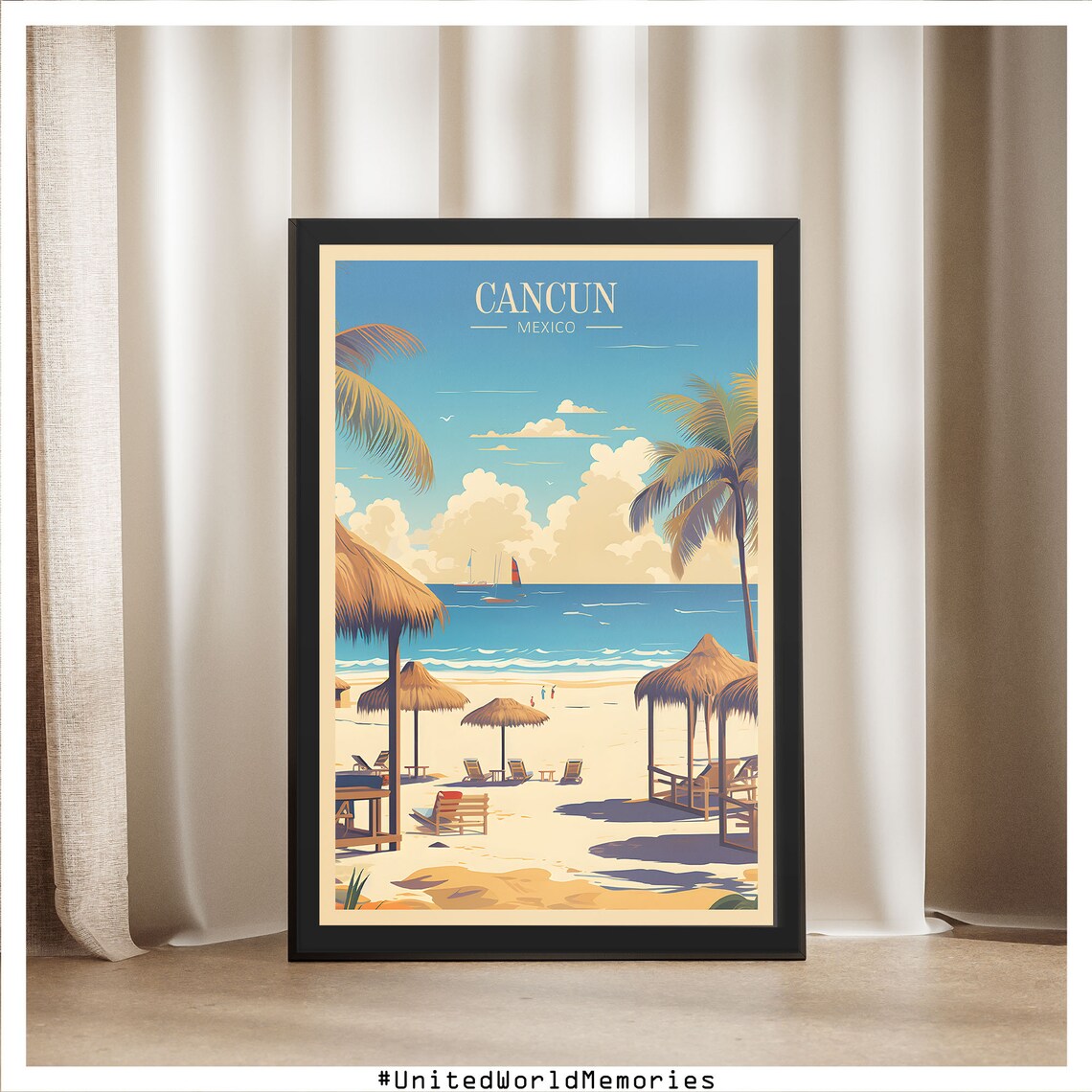 Cancun Mexico Daytime Beach Poster Palms Palapas Sailboats Travel Art