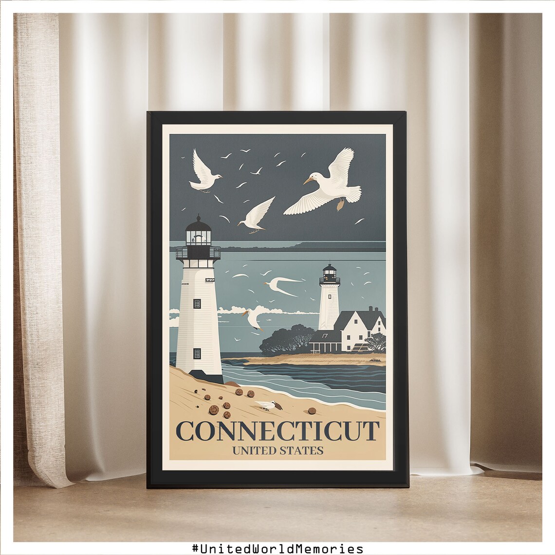 Connecticut Twin Lighthouses Seagull Beach Vintage Travel Poster - Image 4
