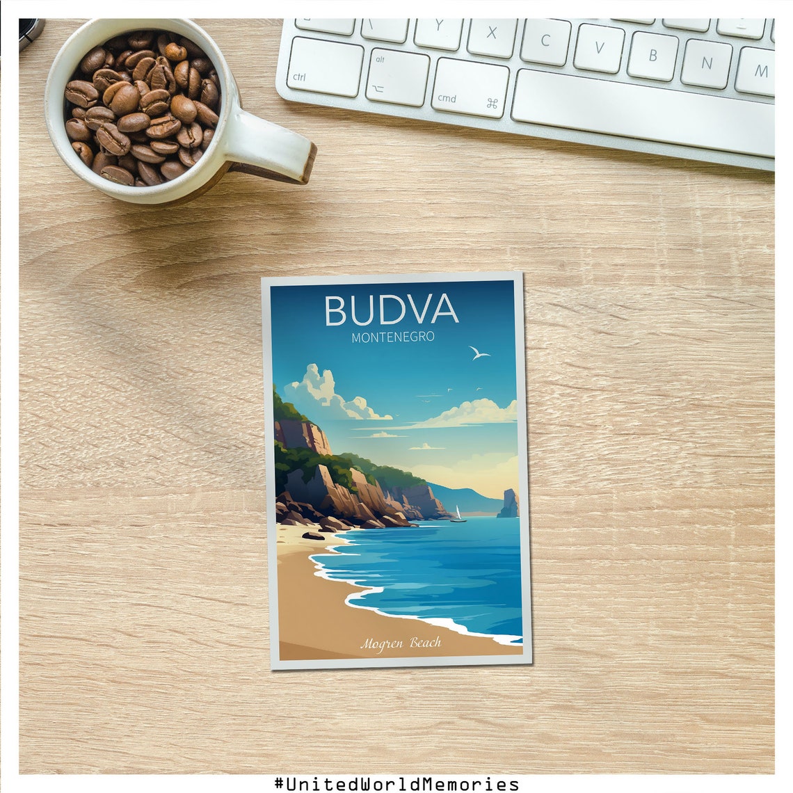 Budva Montenegro Mogren Beach Cliffs Blue Sea Vintage Travel Poster - Image 4