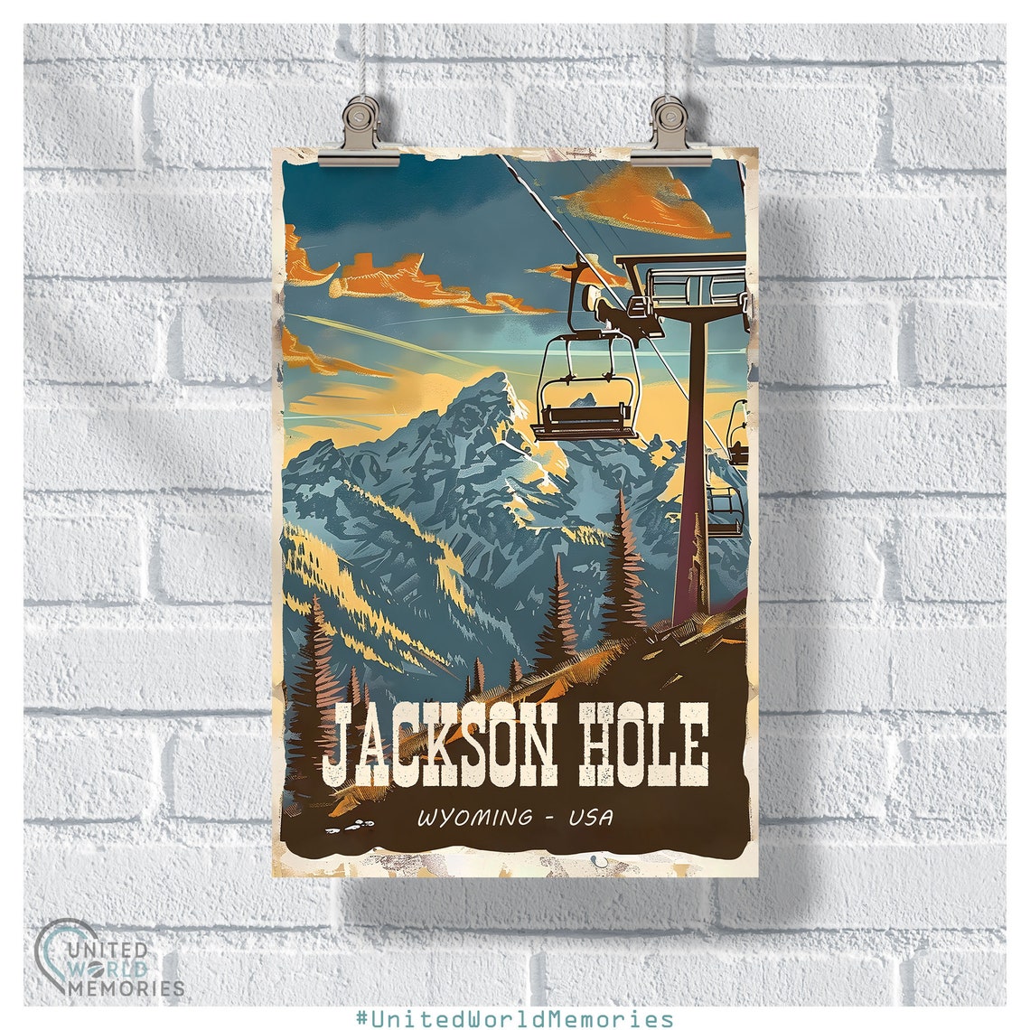 Jackson Hole Wyoming Ski Lift Sunset Snowy Peaks Travel Poster
