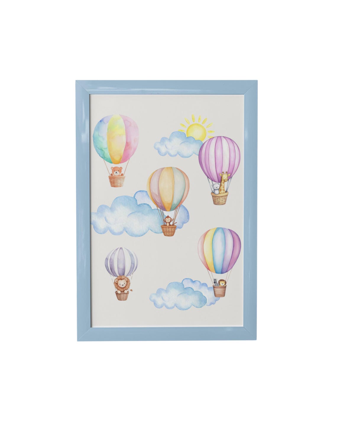 Six Pastel Hot Air Balloons With Animals Under Sunny Sky Poster