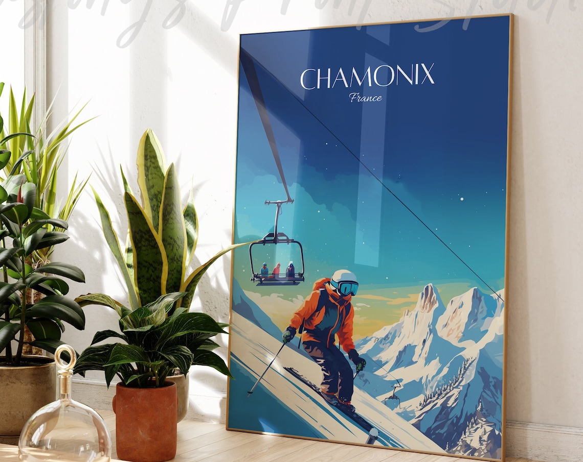Chamonix France Skier Chairlift Vintage Ski Resort Mountain Travel Poster