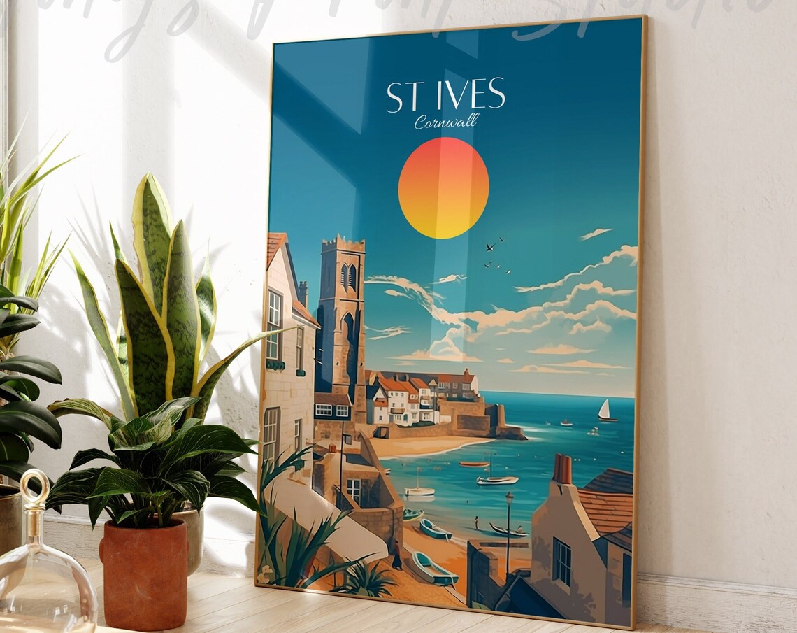 St Ives Cornwall Golden Seaside Town Beach Boats Travel Poster Art