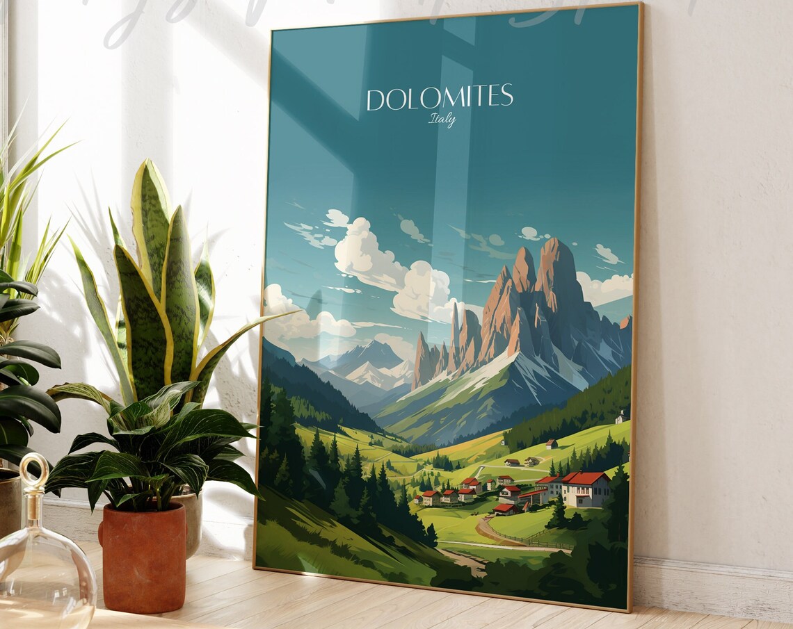 Dolomites Italy Alpine Peaks Mountain Village Valley Travel Poster