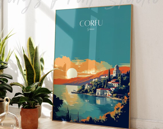 Corfu Greece Travel Poster Sunset Harbor Vintage Coastal Art Illustration
