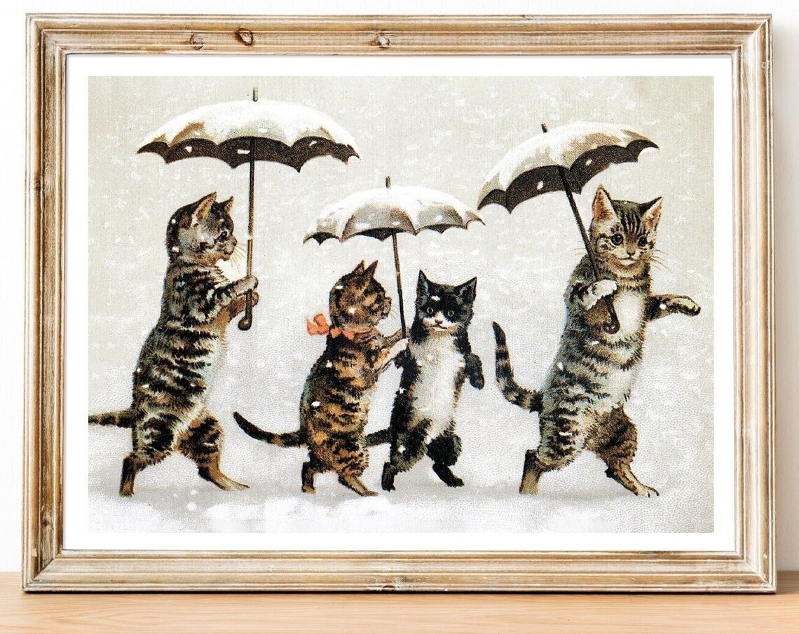 Kittens With Umbrellas Victorian Christmas Card Vintage Cat Poster