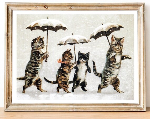 Kittens With Umbrellas Victorian Christmas Card Vintage Cat Poster