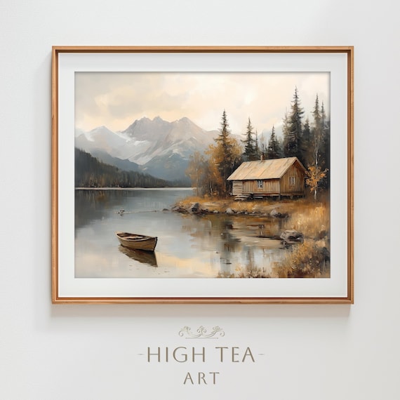 Country Landscape Oil Painting Art Print Rustic Autumn Vintage Neutral Lake Muted Woods Cabin Lakeside Hta119