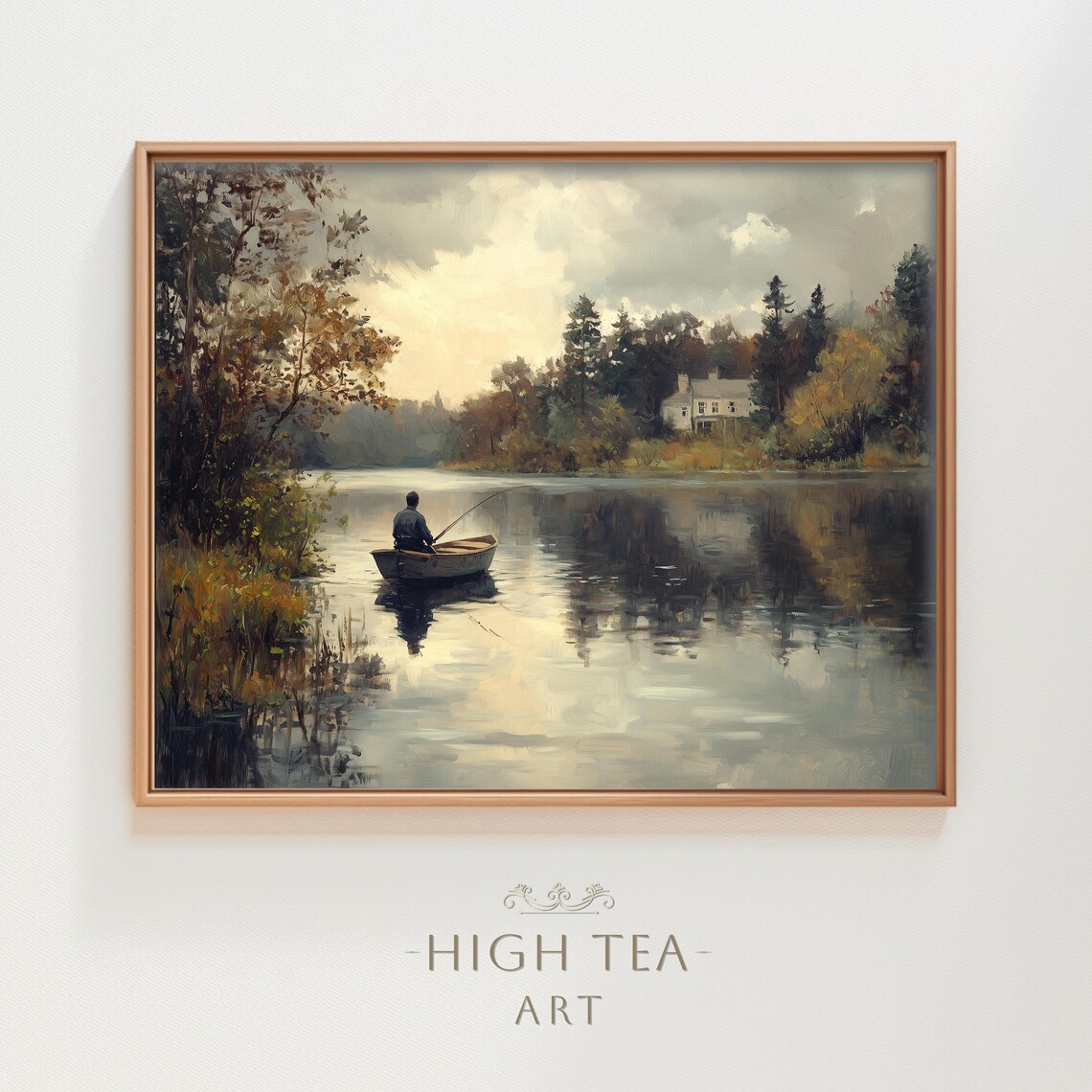 Vintage Moody Man Fishing Lake Boat Art Print