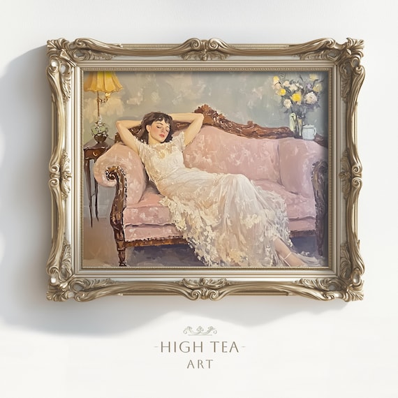 Vintage Woman Reclining Pink Sofa Elegant Oil Painting Art Poster